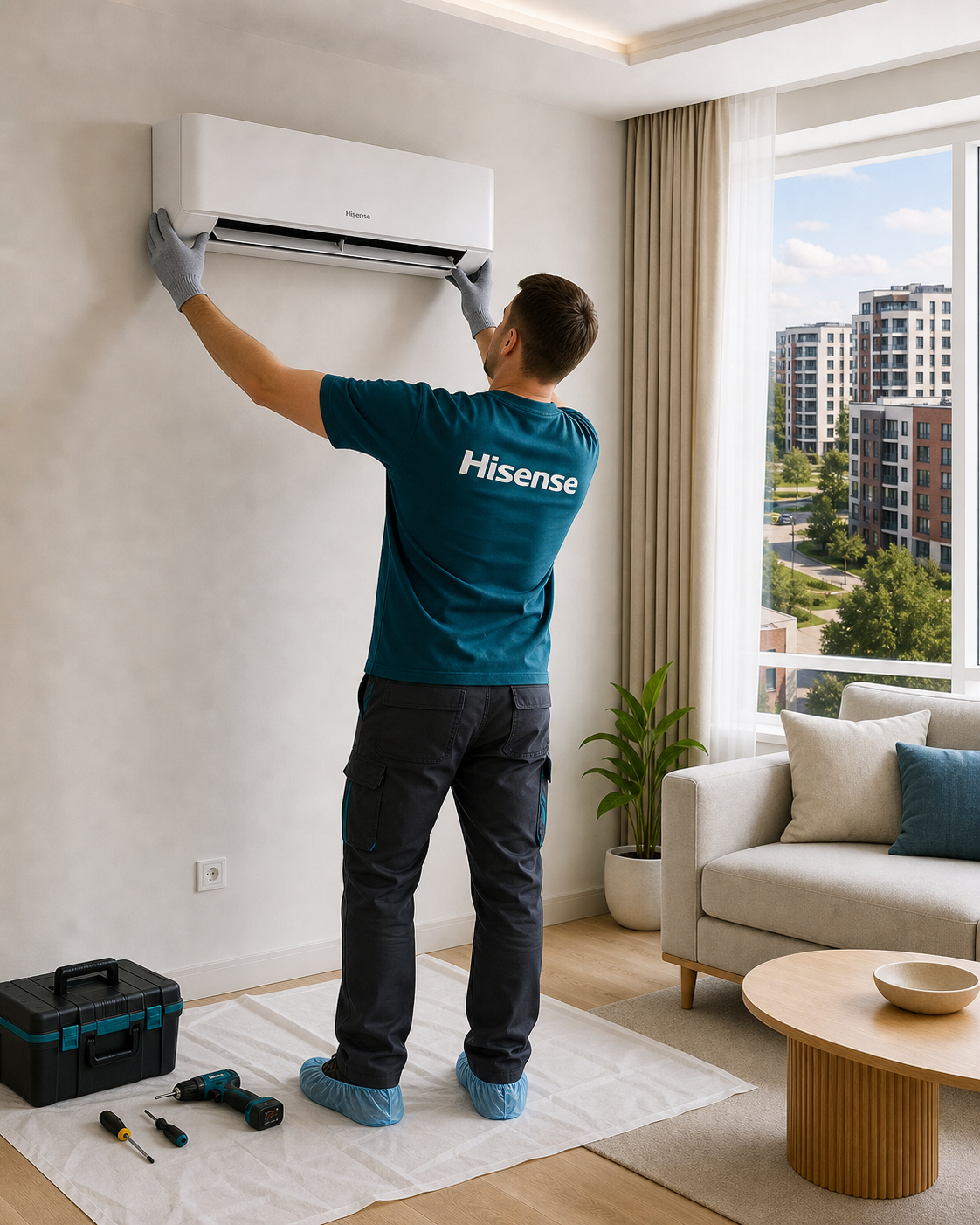 Майстер у чистих рукавицях і футболці Hisense акуратно встановлює кондиціонер